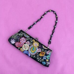Vintage Beaded Embroidered Floral Kiss Lock Evening Bag Clutch Y2K 90s